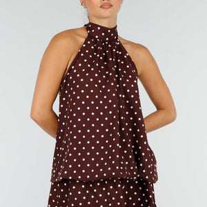 NEW100626 Bruine Halter Jurk met Witte Stippen