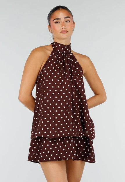 NEW100626 Bruine Halter Jurk met Witte Stippen