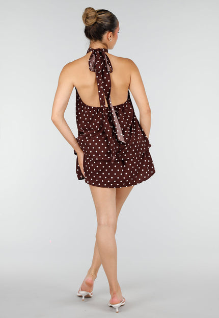NEW100626 Bruine Halter Jurk met Witte Stippen