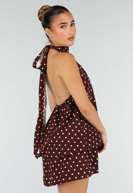 NEW100626 Bruine Halter Jurk met Witte Stippen