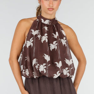 NEW100626 Bruine Halter Top met Bloemenprint