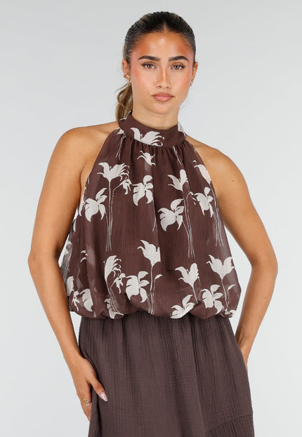 NEW100626 Bruine Halter Top met Bloemenprint