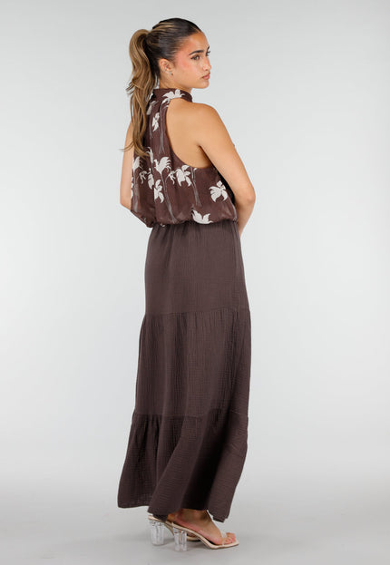 NEW100626 Bruine Halter Top met Bloemenprint