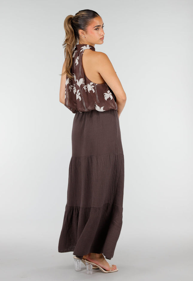 NEW100626 Bruine Halter Top met Bloemenprint