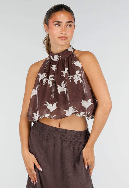 NEW100626 Bruine Halter Top met Bloemenprint