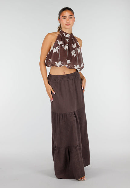 NEW100626 Bruine Halter Top met Bloemenprint