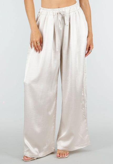 NEW100626 Champagne Wide Leg Broek met Satijnlook