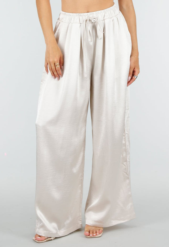NEW100626 Champagne Wide Leg Broek met Satijnlook