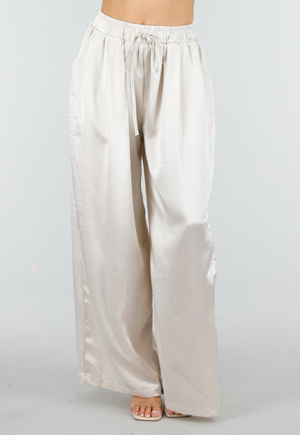 NEW100626 Champagne Wide Leg Broek met Satijnlook