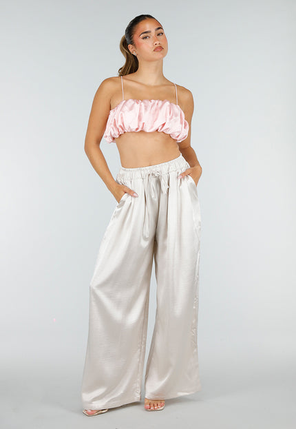 NEW100626 Champagne Wide Leg Broek met Satijnlook