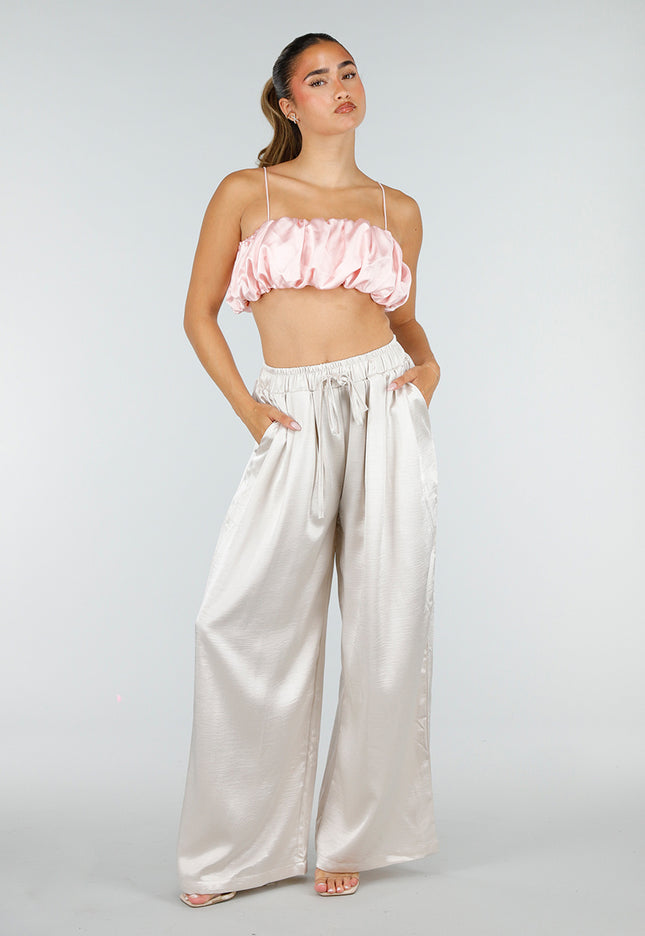 NEW100626 Champagne Wide Leg Broek met Satijnlook