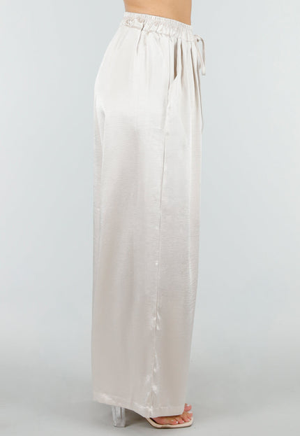 NEW100626 Champagne Wide Leg Broek met Satijnlook