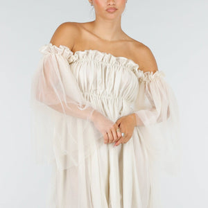 NEW100626 Crème Off Shoulder Jurk met Mesh