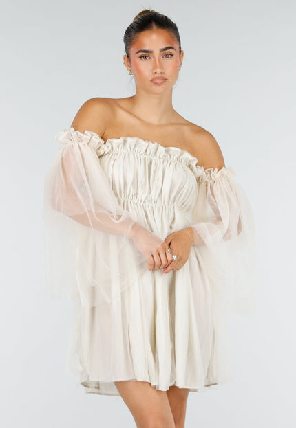 NEW100626 Crème Off Shoulder Jurk met Mesh