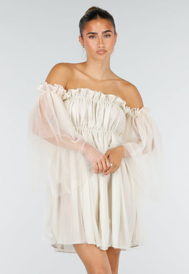 NEW100626 Crème Off Shoulder Jurk met Mesh