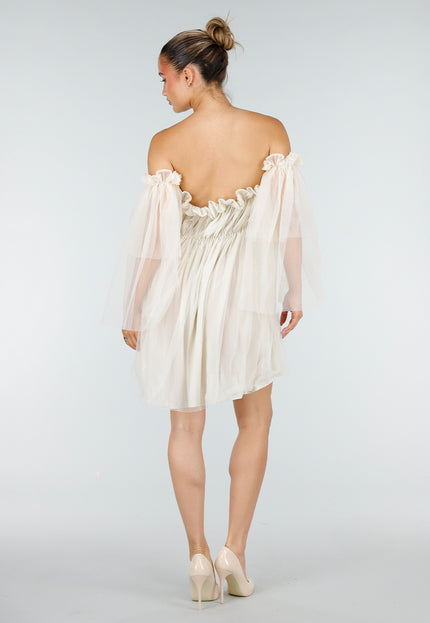 NEW100626 Crème Off Shoulder Jurk met Mesh