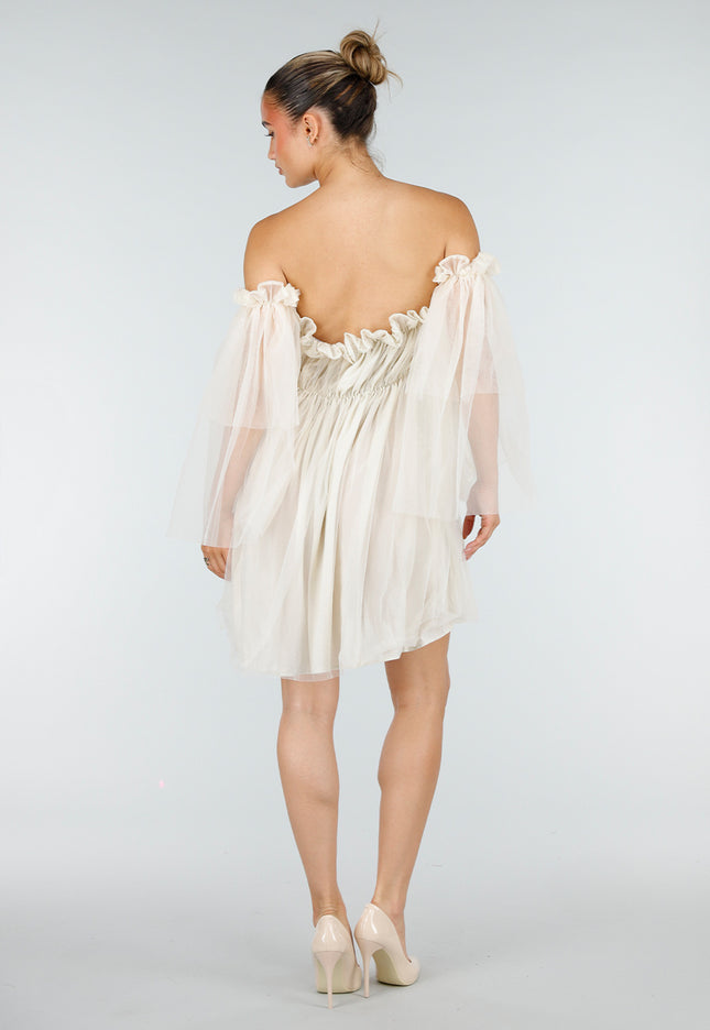 NEW100626 Crème Off Shoulder Jurk met Mesh