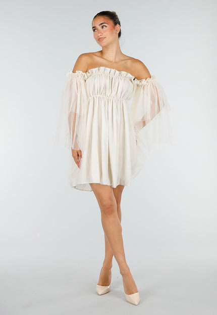 NEW100626 Crème Off Shoulder Jurk met Mesh