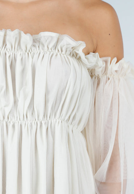 NEW100626 Crème Off Shoulder Jurk met Mesh