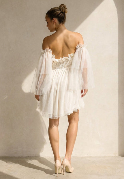 NEW100626 Crème Off Shoulder Jurk met Mesh