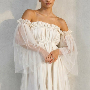 NEW100626 Crème Off Shoulder Jurk met Mesh