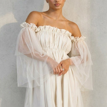NEW100626 Crème Off Shoulder Jurk met Mesh