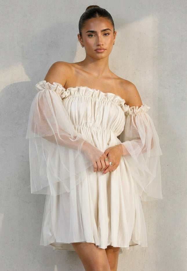 NEW100626 Crème Off Shoulder Jurk met Mesh