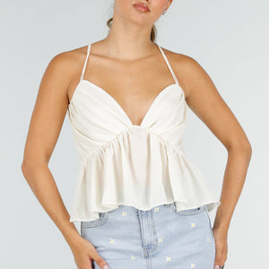 NEW100626 Crème Peplum Top met Spaghettibandjes