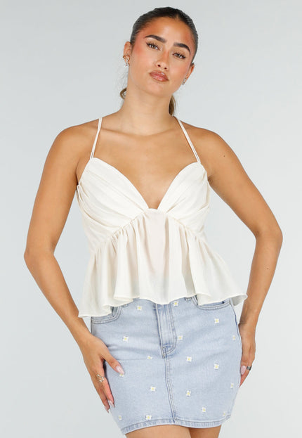 NEW100626 Crème Peplum Top met Spaghettibandjes