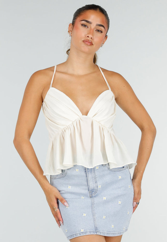 NEW100626 Crème Peplum Top met Spaghettibandjes