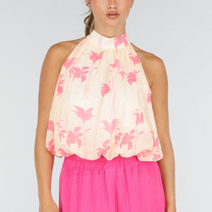 NEW100626 Gele Halter Top met Roze Bloemenprint