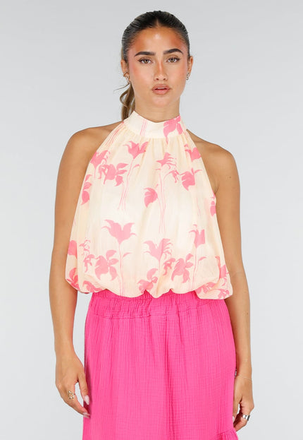 NEW100626 Gele Halter Top met Roze Bloemenprint