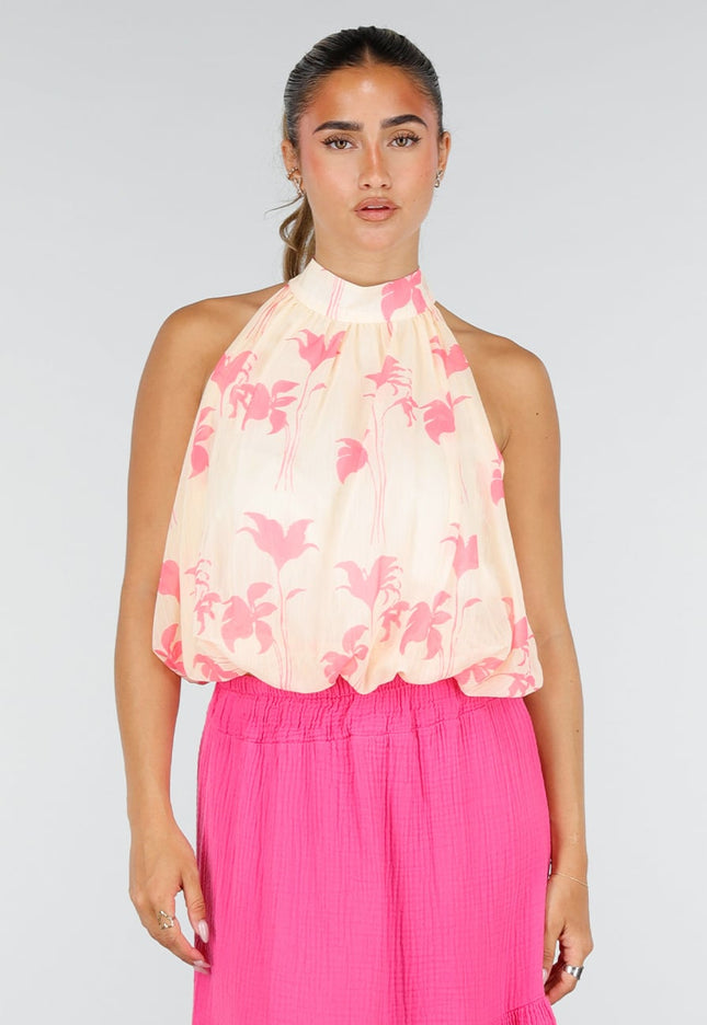 NEW100626 Gele Halter Top met Roze Bloemenprint