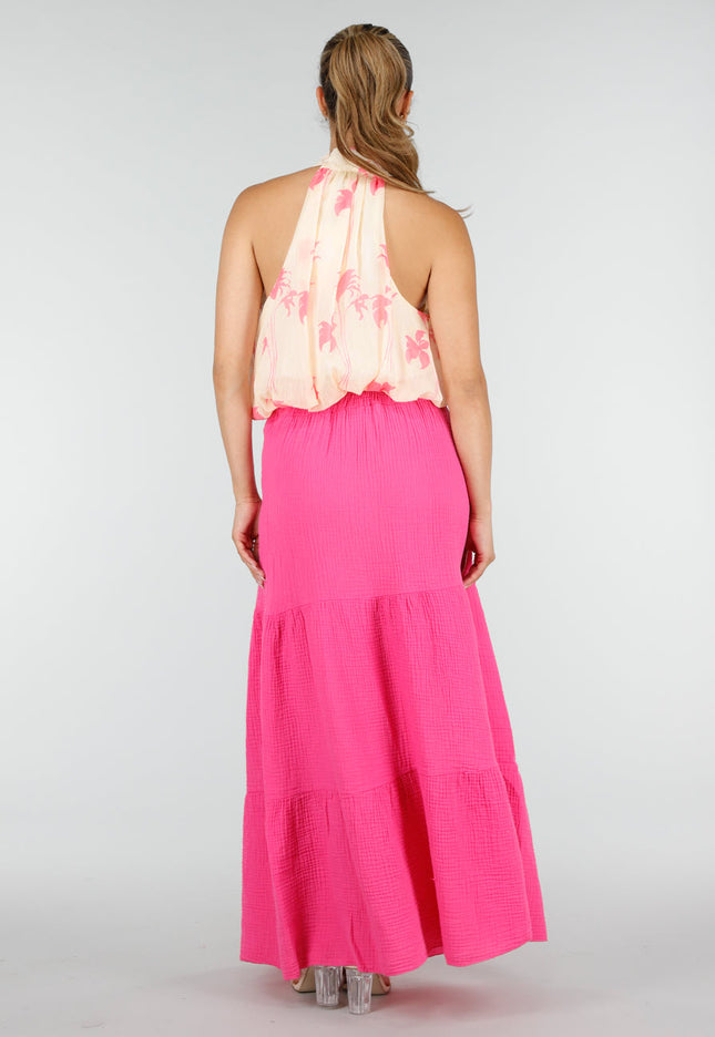 NEW100626 Gele Halter Top met Roze Bloemenprint