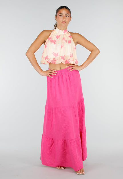 NEW100626 Gele Halter Top met Roze Bloemenprint