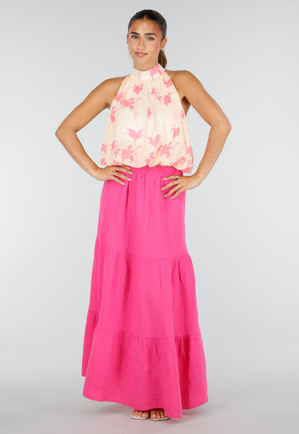 NEW100626 Gele Halter Top met Roze Bloemenprint