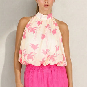 NEW100626 Gele Halter Top met Roze Bloemenprint