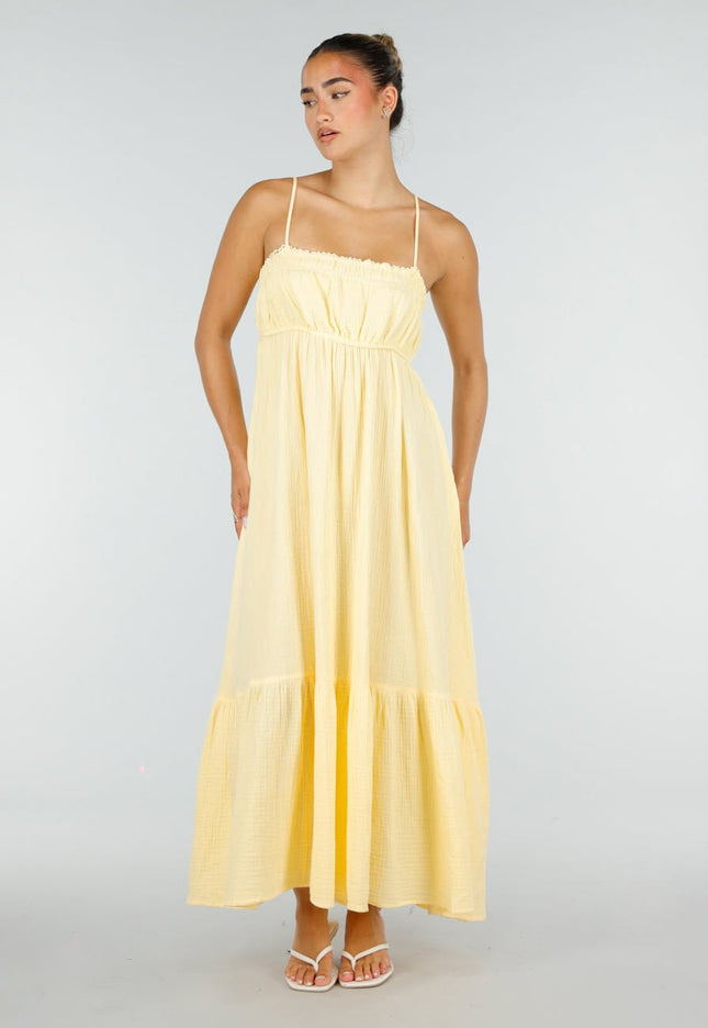 NEW100626 Gele Mousseline Maxi Jurk met Spaghettibandjes