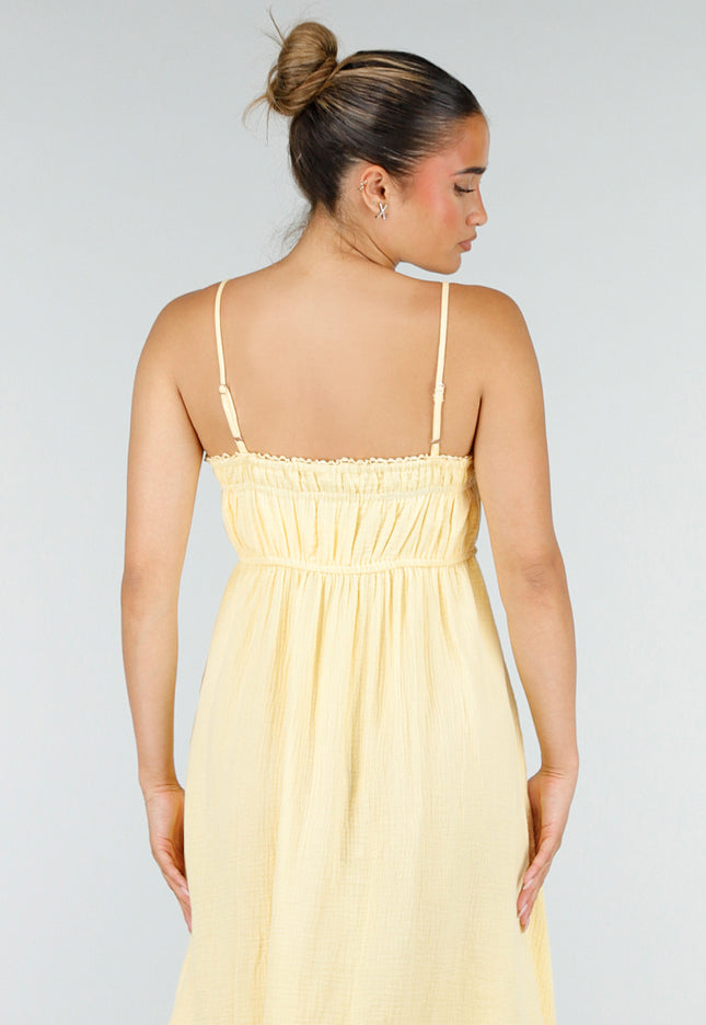 NEW100626 Gele Mousseline Maxi Jurk met Spaghettibandjes