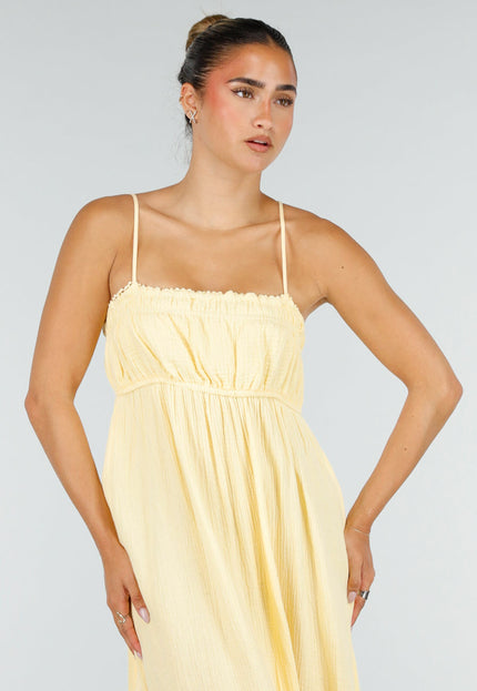 NEW100626 Gele Mousseline Maxi Jurk met Spaghettibandjes