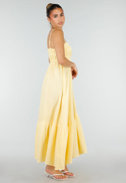 NEW100626 Gele Mousseline Maxi Jurk met Spaghettibandjes