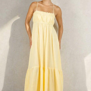 NEW100626 Gele Mousseline Maxi Jurk met Spaghettibandjes
