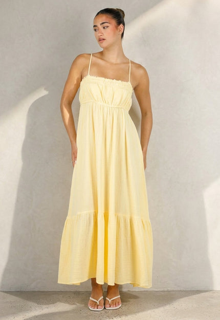 NEW100626 Gele Mousseline Maxi Jurk met Spaghettibandjes
