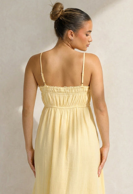 NEW100626 Gele Mousseline Maxi Jurk met Spaghettibandjes