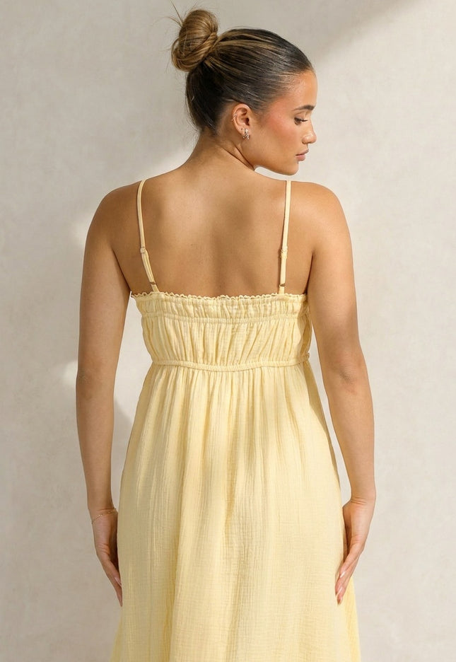 NEW100626 Gele Mousseline Maxi Jurk met Spaghettibandjes