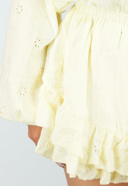 NEW100626 Gele Mousseline Playsuit met Broderie Details