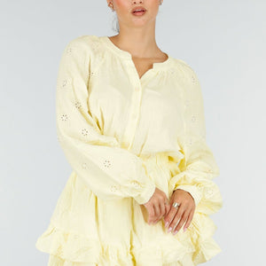 NEW100626 Gele Mousseline Playsuit met Broderie Details