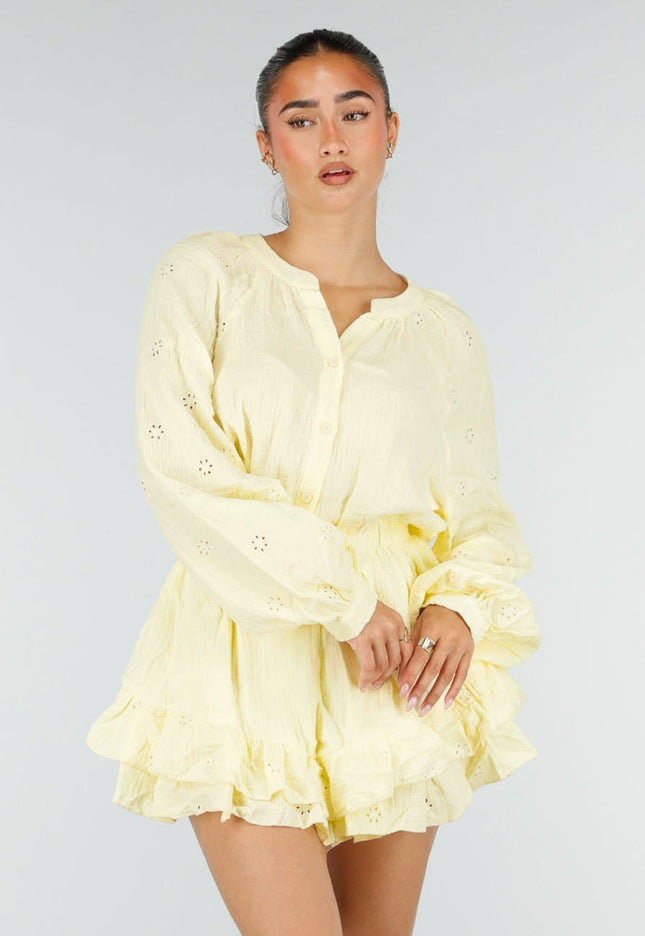 NEW100626 Gele Mousseline Playsuit met Broderie Details