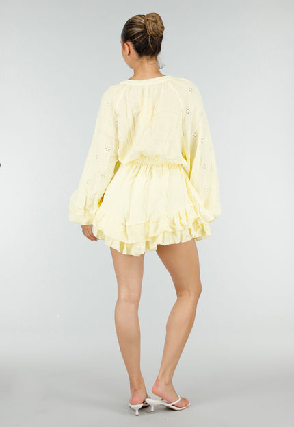 NEW100626 Gele Mousseline Playsuit met Broderie Details