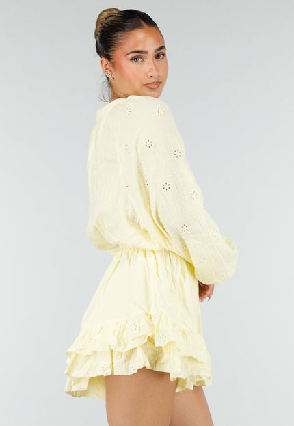 NEW100626 Gele Mousseline Playsuit met Broderie Details